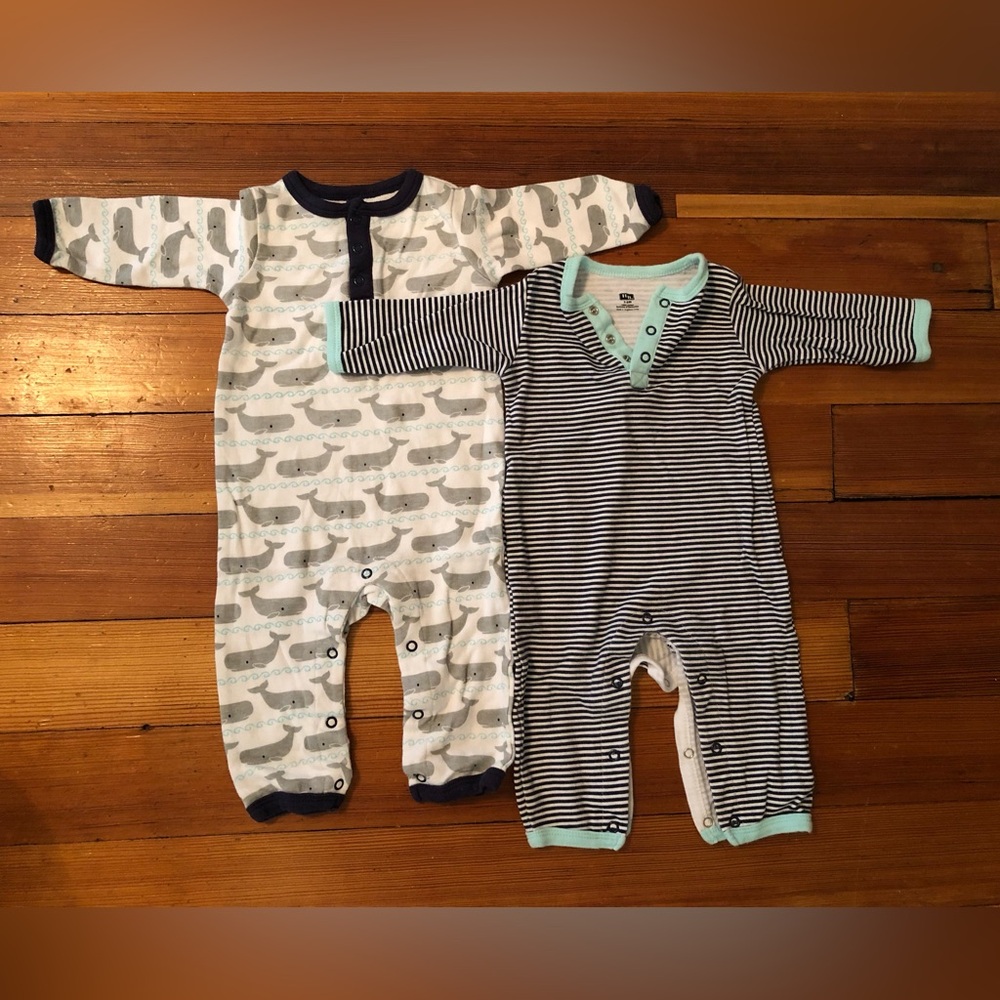 Hudson Baby Blue Whale Print & Navy Stripe Footies with Mint Trim